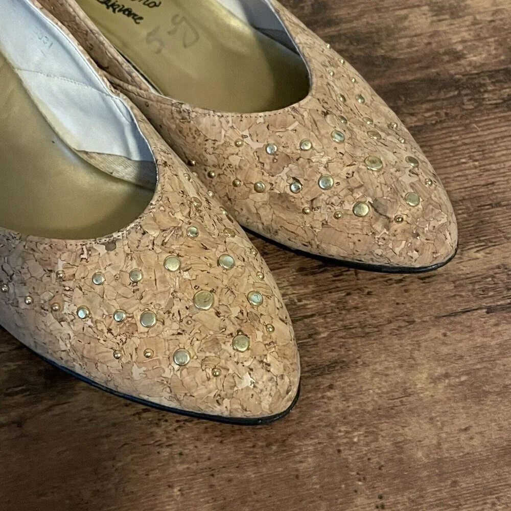 Vintage 1980s Rosina Ferragamo Schiavone Womens Wedge Heel Sz 9 Tan Cork Studded